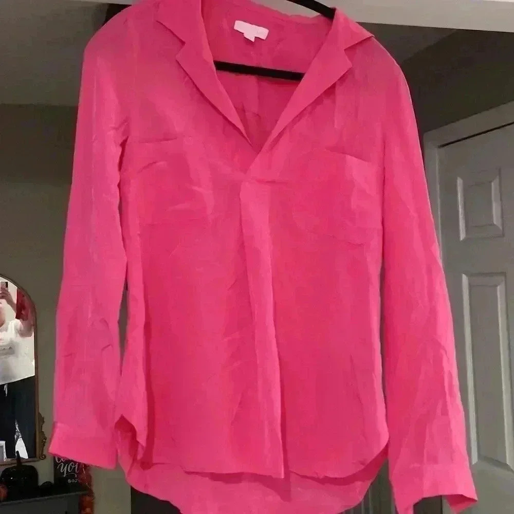 Pink LILLY PULITZER Silk Collared Split Neck Blouse